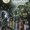 Agenda de las Brujas 2027 Llewellyn, ilustración nocturna con luna llena, mujer en balcón sosteniendo gato y frascos mágicos.
