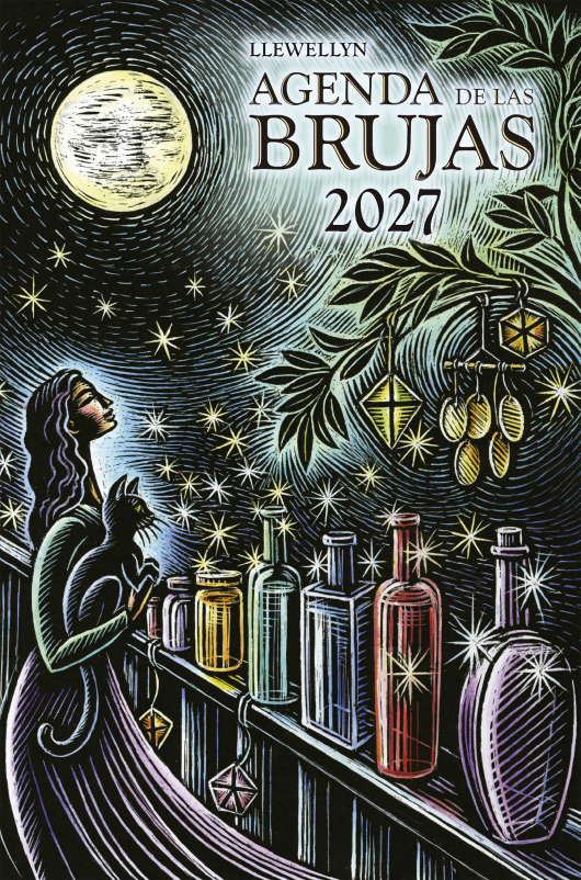 Agenda de las Brujas 2027 Llewellyn, ilustración nocturna con luna llena, mujer en balcón sosteniendo gato y frascos mágicos.