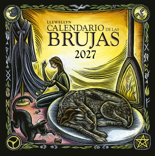 Calendario de las Brujas 2027 Llewellyn, ilustración con mujer junto a chimenea, perro durmiendo y gato en ambiente mágico.