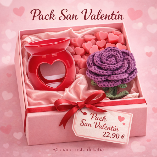 ChatGPT Image 5 feb 2026, 12_18_50 Pack San Valentín artesanal – Quemador, wax melts y rosa crochet