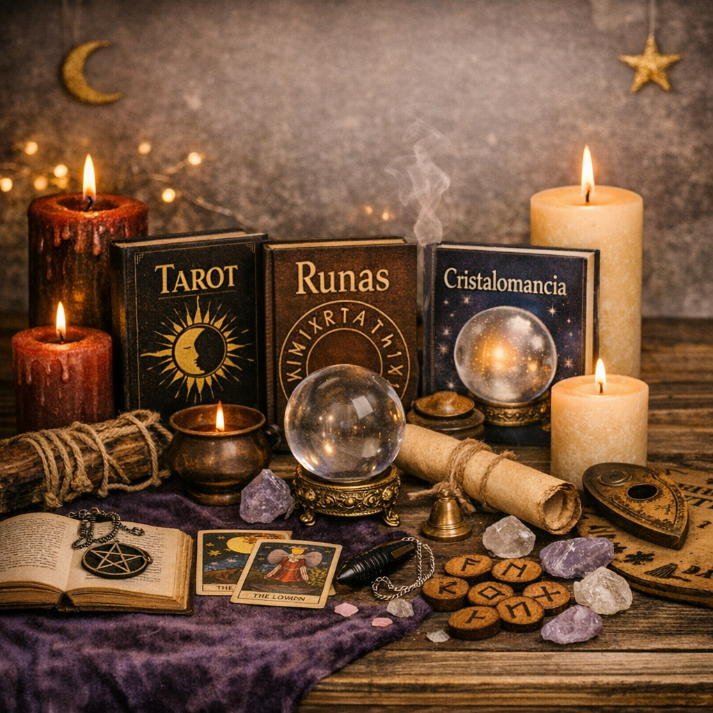 Libros de adivinación con tarot, runas, bola de cristal, péndulo y herramientas esotéricas sobre mesa ritual.
