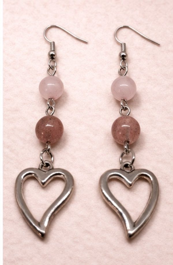 Pendientes de cuarzo rosa y cuarzo fresa con colgante de corazón