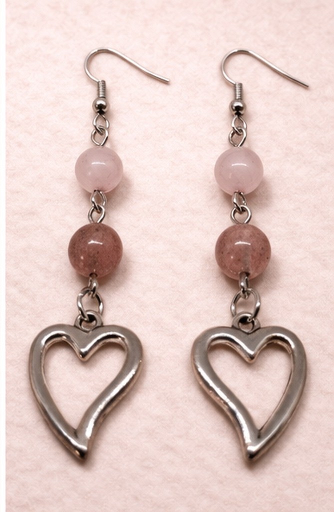 Pendientes de cuarzo rosa y cuarzo fresa con colgante de corazón