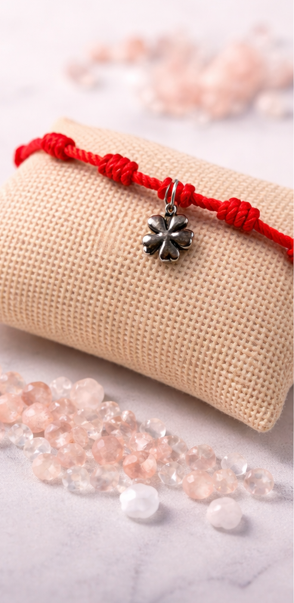 Pulsera 7 Nudos Roja con charm de trébol de 4 hojas