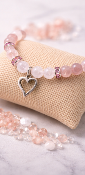Pulsera de cuarzo rosa y cuarzo fresa con charm de corazón