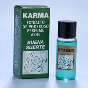 “Extracto de perfume ASHE Buena Suerte 10 ml, frasco con líquido turquesa y caja verde ritual para atraer buena suerte
