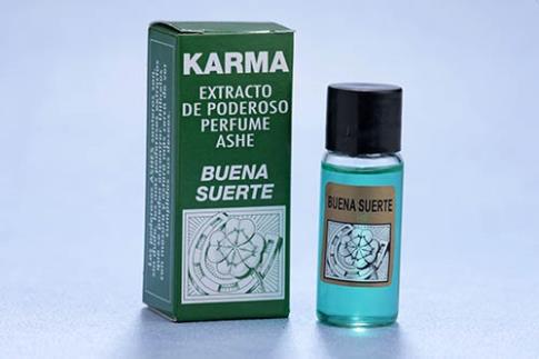 “Extracto de perfume ASHE Buena Suerte 10 ml, frasco con líquido turquesa y caja verde ritual para atraer buena suerte