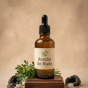 Aceite de Ruda macerado artesanal en frasco de cristal con gotero, rodeado de hojas de ruda