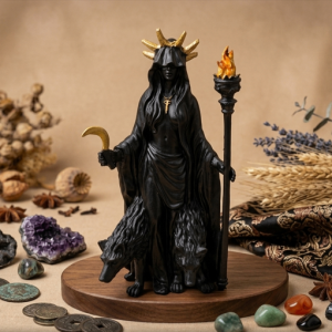 Figura de la Diosa Hekate en color negro con detalles dorados, acompañada de perros y elementos rituales
