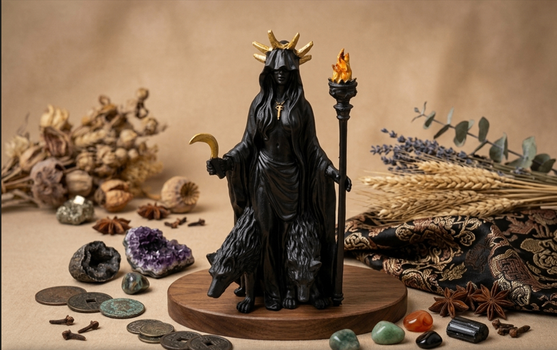 figura diosa hekate Figura de la Diosa Hekate en color negro con detalles dorados, acompañada de perros y elementos rituales