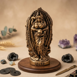 Figura de la Diosa Lilith en tono bronce sobre base de madera, rodeada de minerales y elementos rituales.