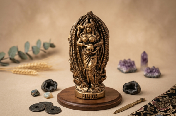 Figura de la Diosa Lilith en tono bronce sobre base de madera, rodeada de minerales y elementos rituales.