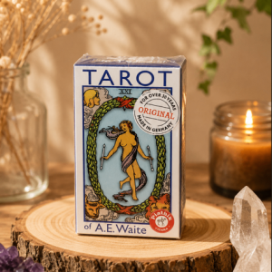 mini tarot rider w. Tarot A.E. Waite con 78 cartas y manual, edición en inglés, presentado con cristales y vela.