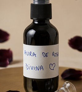 Bruma Aura de Rosa Divina elaborada artesanalmente con pétalos de rosa y cuarzo rosa para amor propio y desbloqueo emocional.