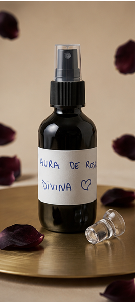 Bruma Aura de Rosa Divina elaborada artesanalmente con pétalos de rosa y cuarzo rosa para amor propio y desbloqueo emocional.